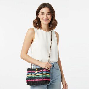 Benchmade Wicker Handbag Purse Woven Straw Chain Strap Black Rainbow Gold Clasp